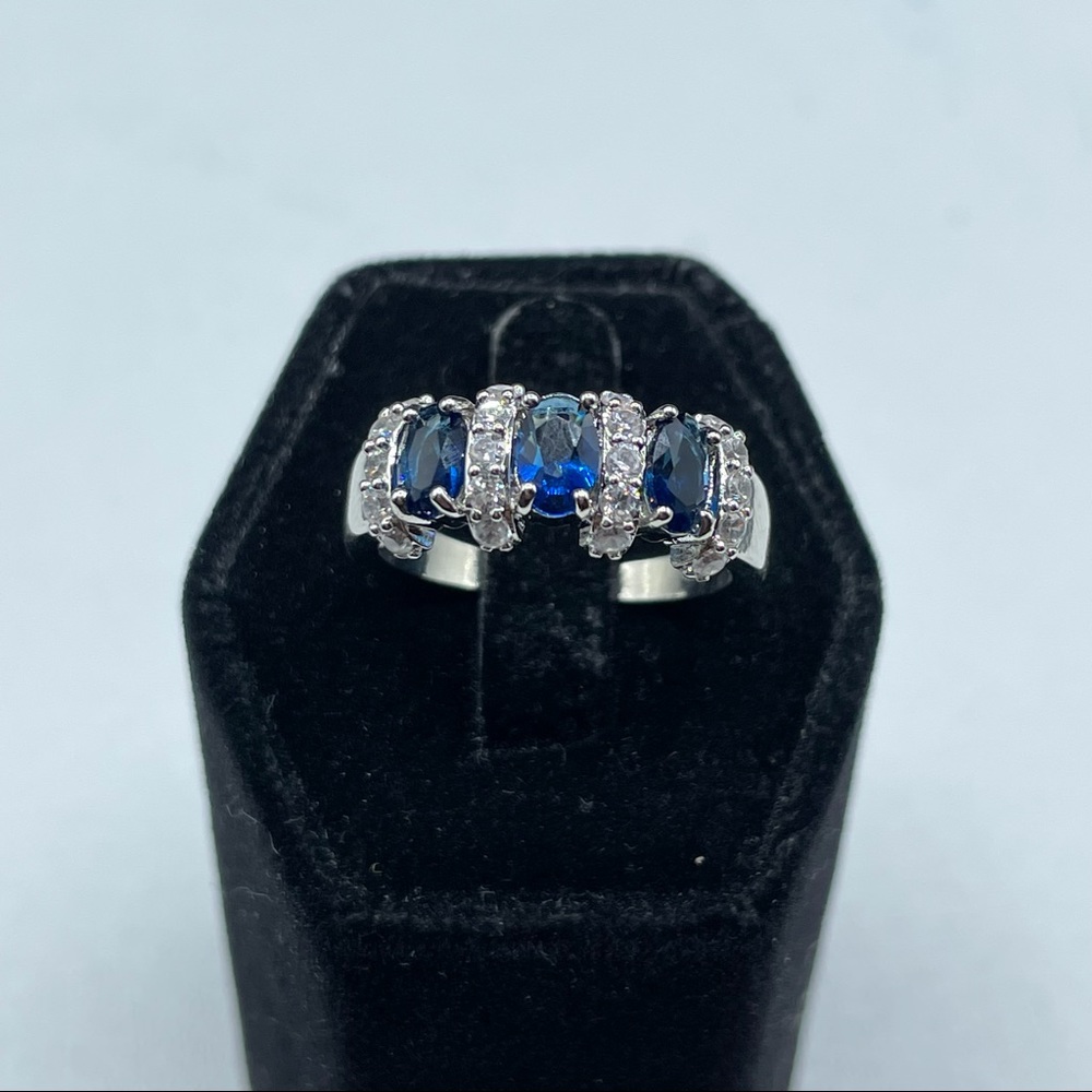 Silver Sapphire Blue Diamond White CZ Band Ring Alternating Halo Sparkle